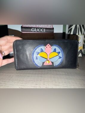kate spade Black Leather Zip Around Wallet with Colorful Owl Motif